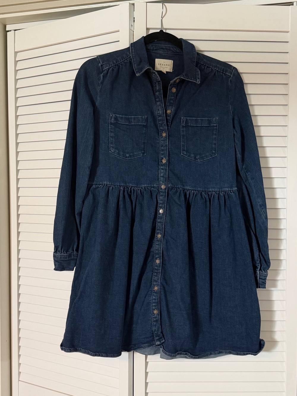Sezane Indigo Denim Button-Front Mini Dress
